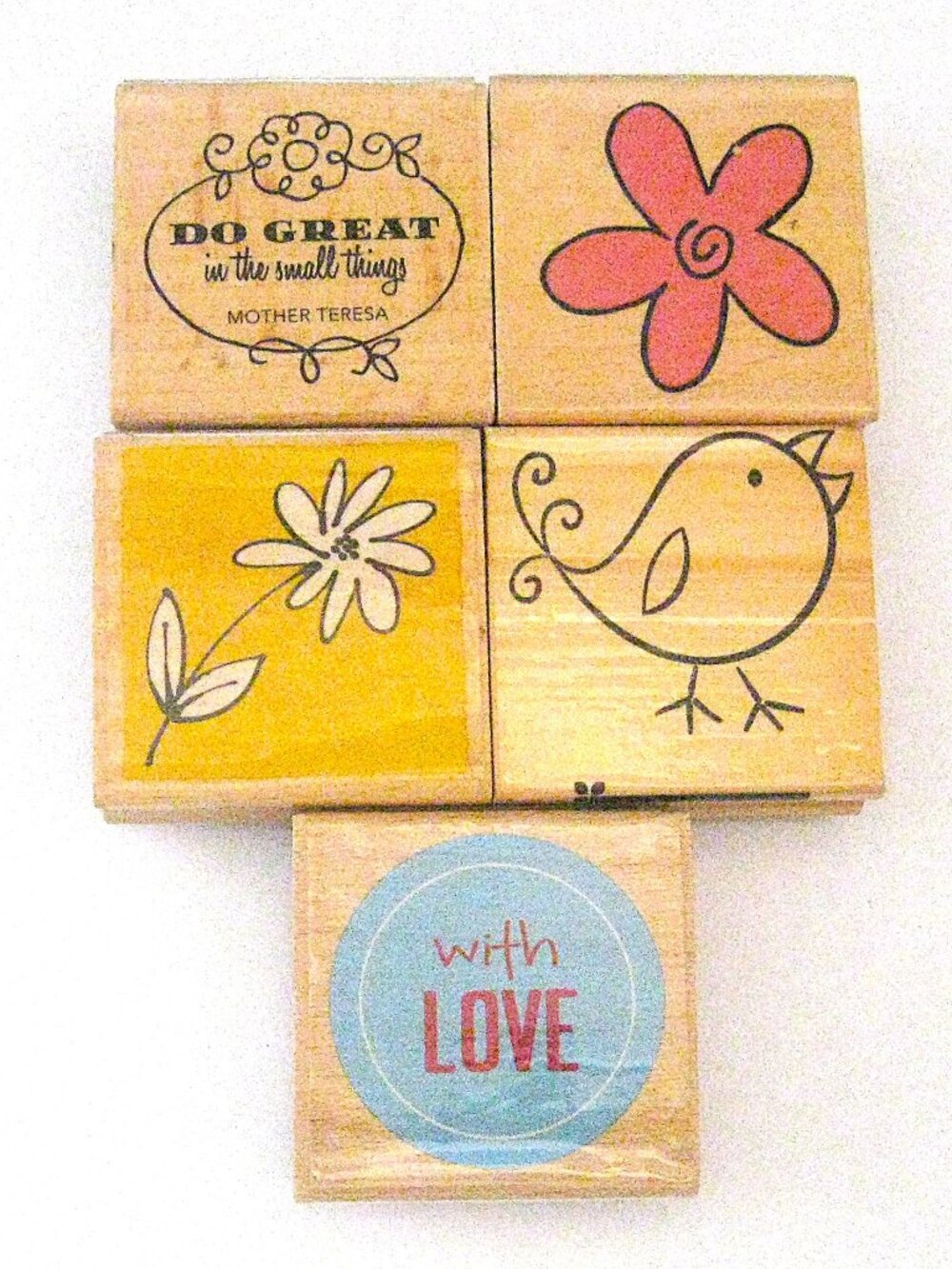 Rubber/Wood Block Stamps  Set/5  - Flowers, Bird, Love